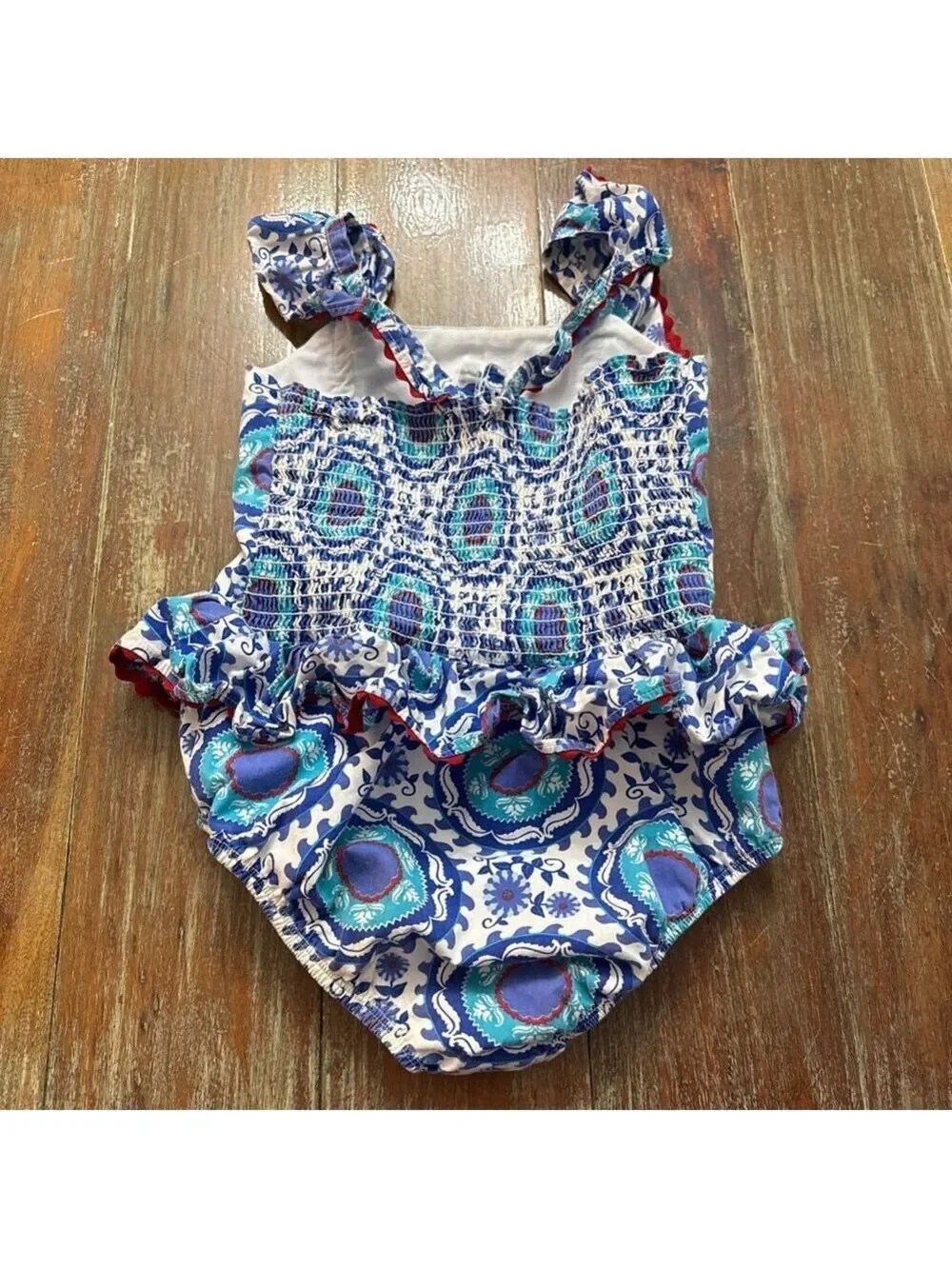 Kelly's Kids Blue Paisley Ruffle Romper Size 7 8